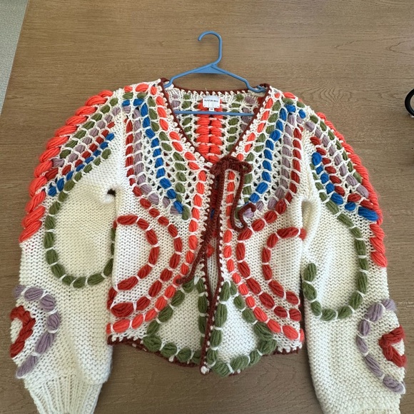 HUNTER BELL Sweaters - HUNTER BELL Cream Crochet Cardigan with Multicolor Braided Accents